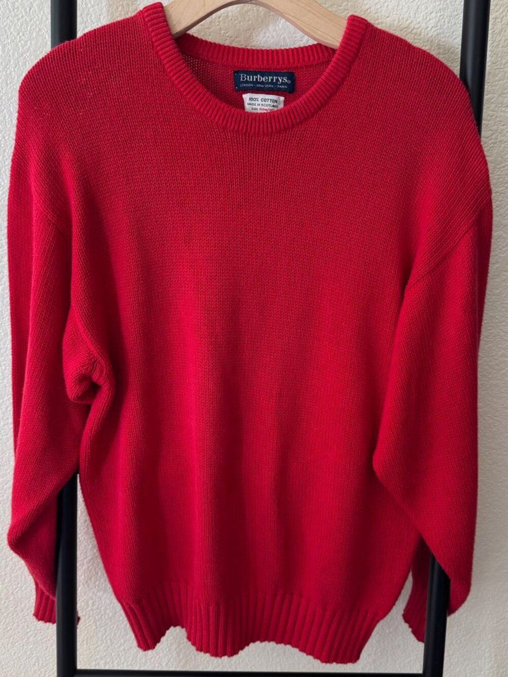 Vintage Burberry Bright Red Cotton Knit Sweater Size Medium